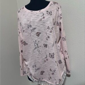 LC Lauren Conrad Light Pink Floral Lace-Hem Long Sleeve Top